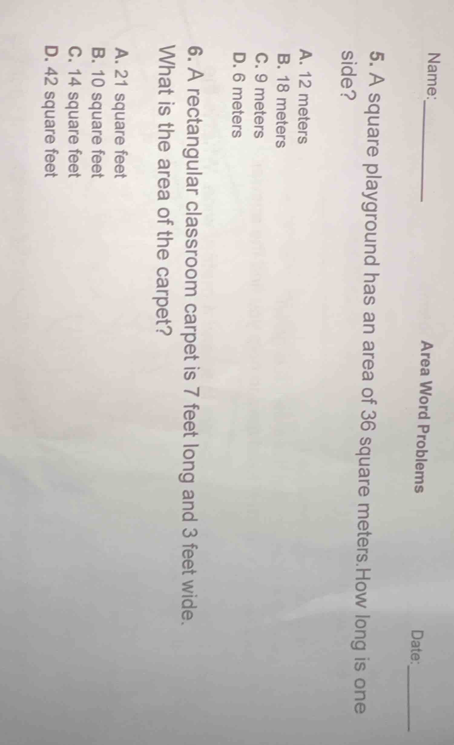 name:______ date:______ area word problems 5. a square playground has a…
