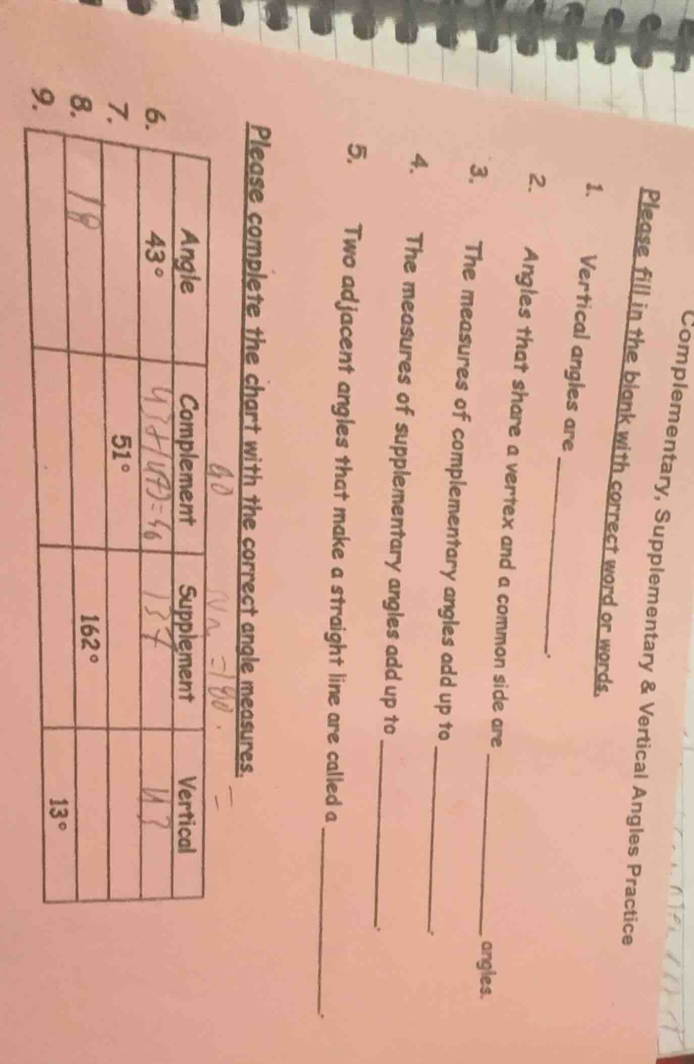 complementary, supplementary & vertical angles practice please fill in …