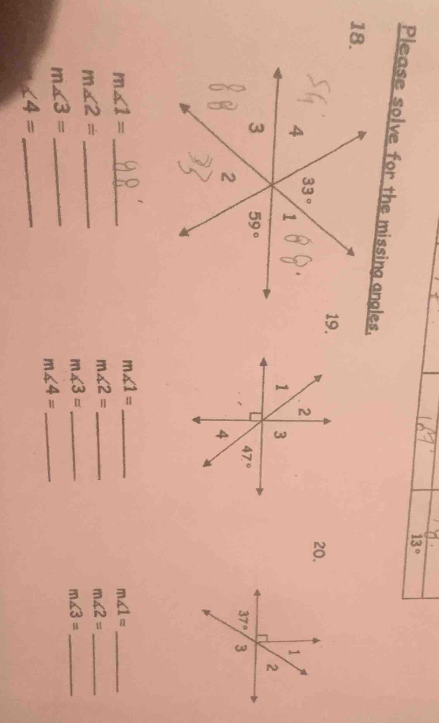 please solve for the missing angles. 18. image of intersecting lines wi…