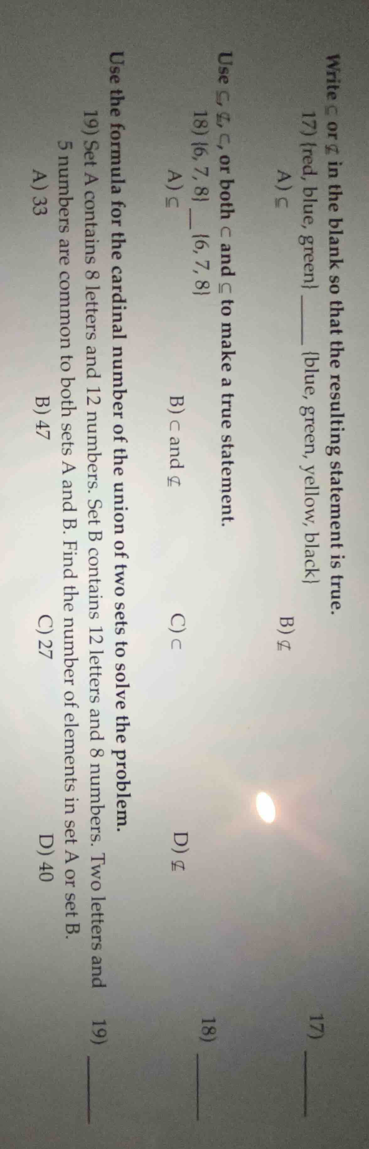 write \\( \\subset \\) or \\( \ ot\\subset \\) in the blank so that the…