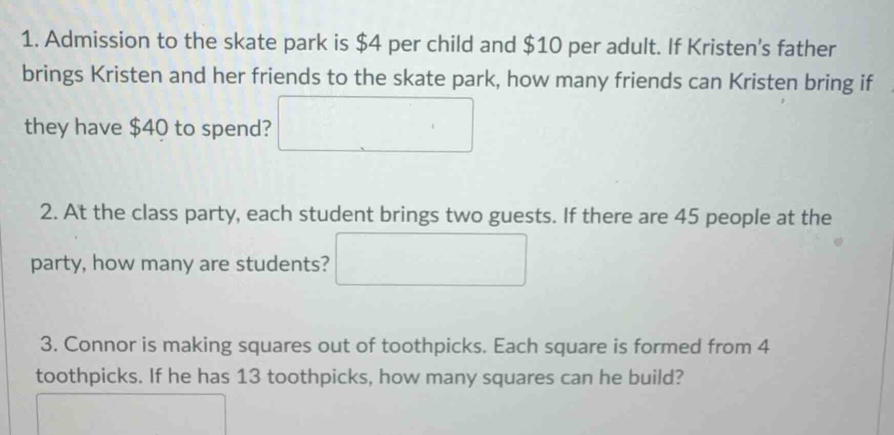 1. admission to the skate park is $4 per child and $10 per adult. if kr…