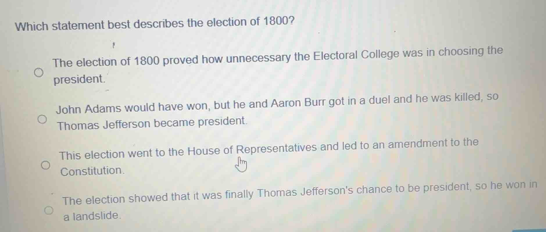 which statement best describes the election of 1800? the election of 18…