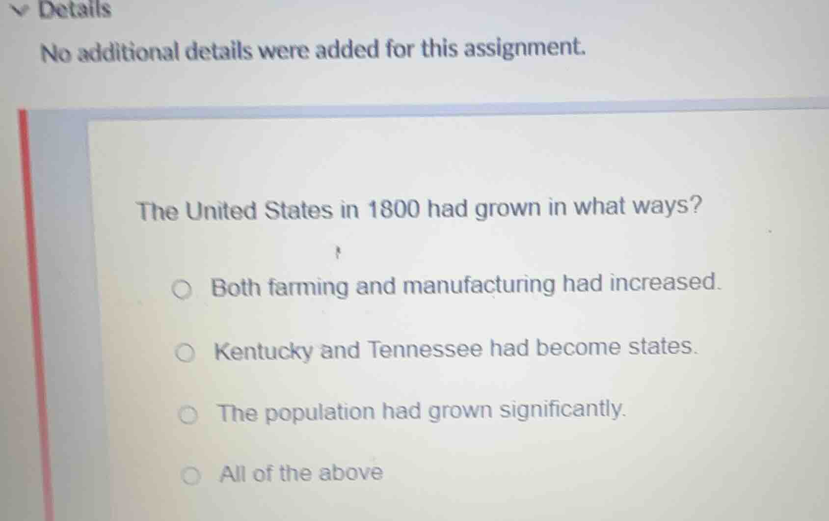 the united states in 1800 had grown in what ways? both farming and manu…