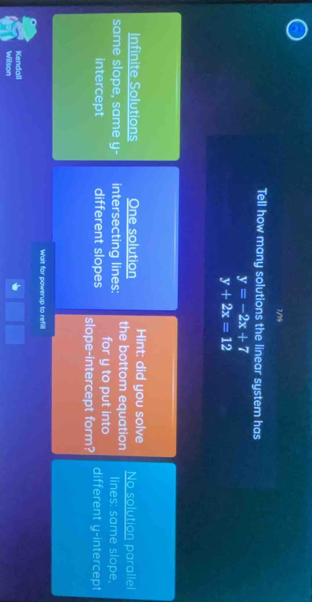 tell how many solutions the linear system has y = -2x + 7 y + 2x = 12 i…