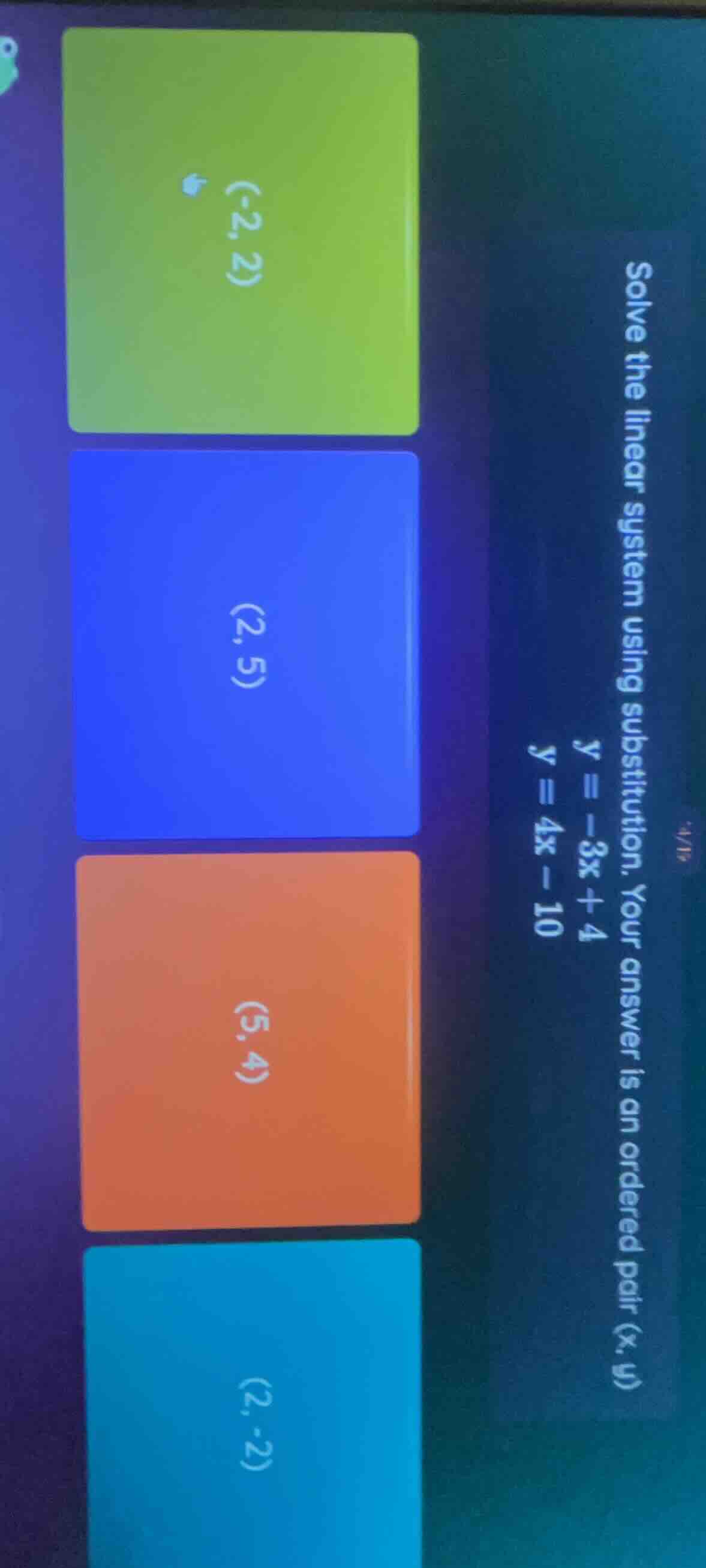 solve the linear system using substitution. your answer is an ordered p…