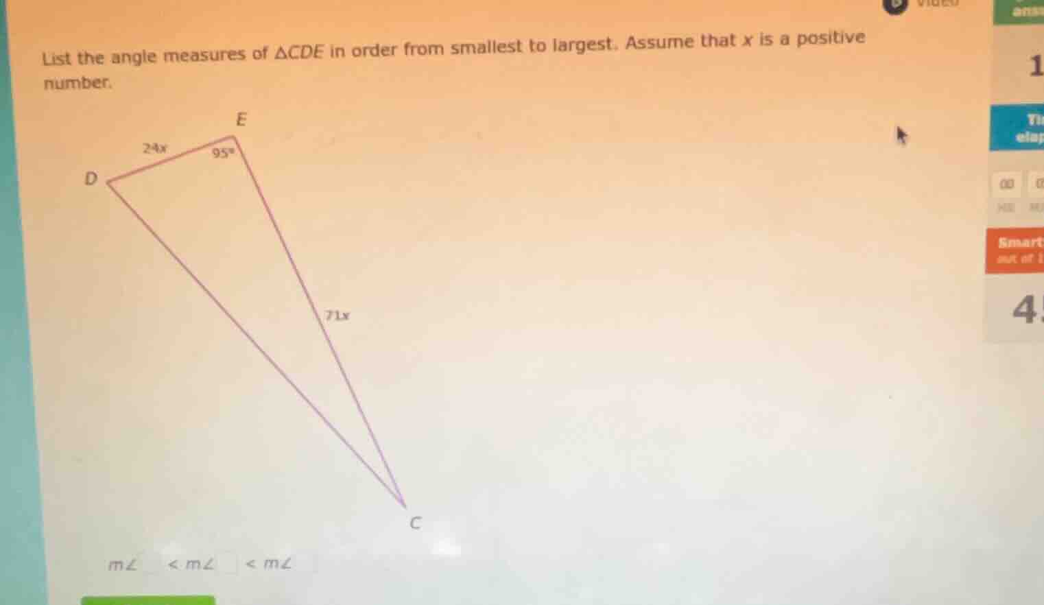 list the angle measures of δcde in order from smallest to largest. assu…