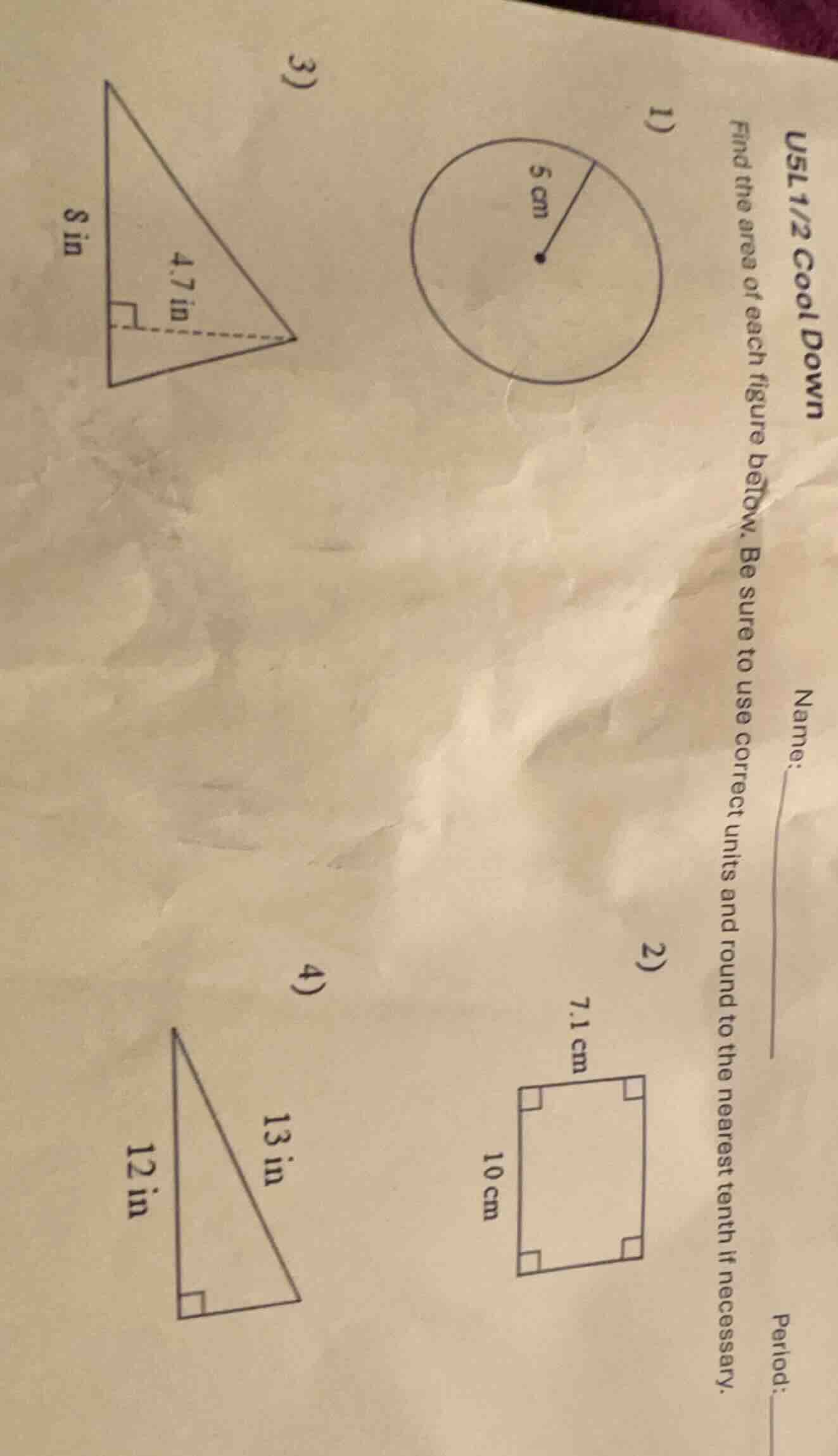 usl 1/2 cool down name: ______ period: ______ find the area of each fig…