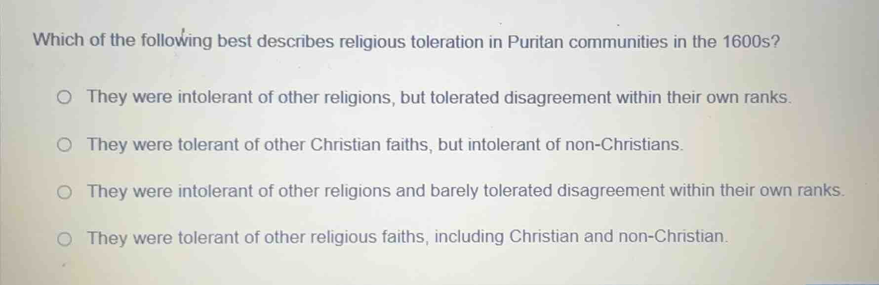 which of the following best describes religious toleration in puritan c…