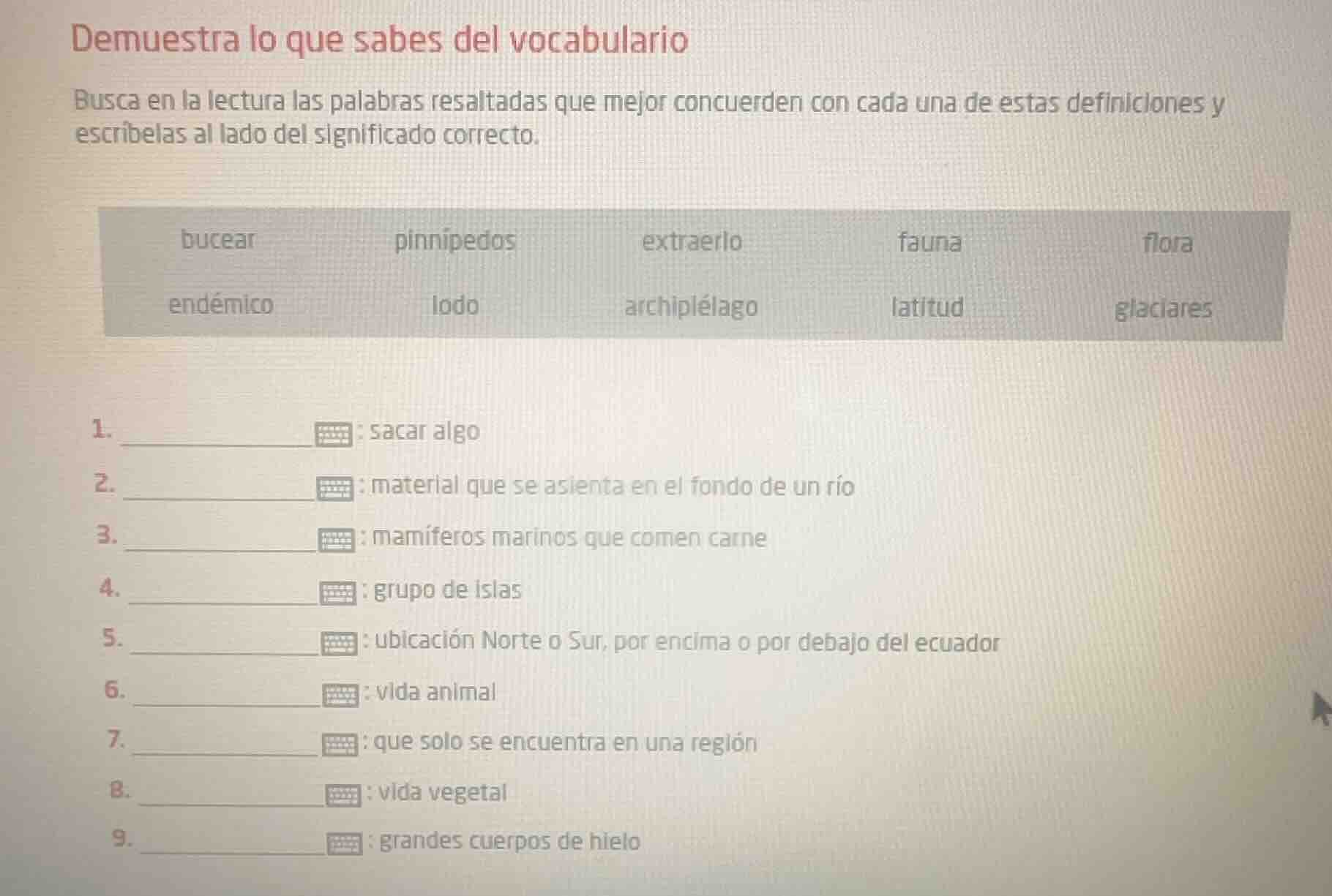 demuestra lo que sabes del vocabulario busca en la lectura las palabras…