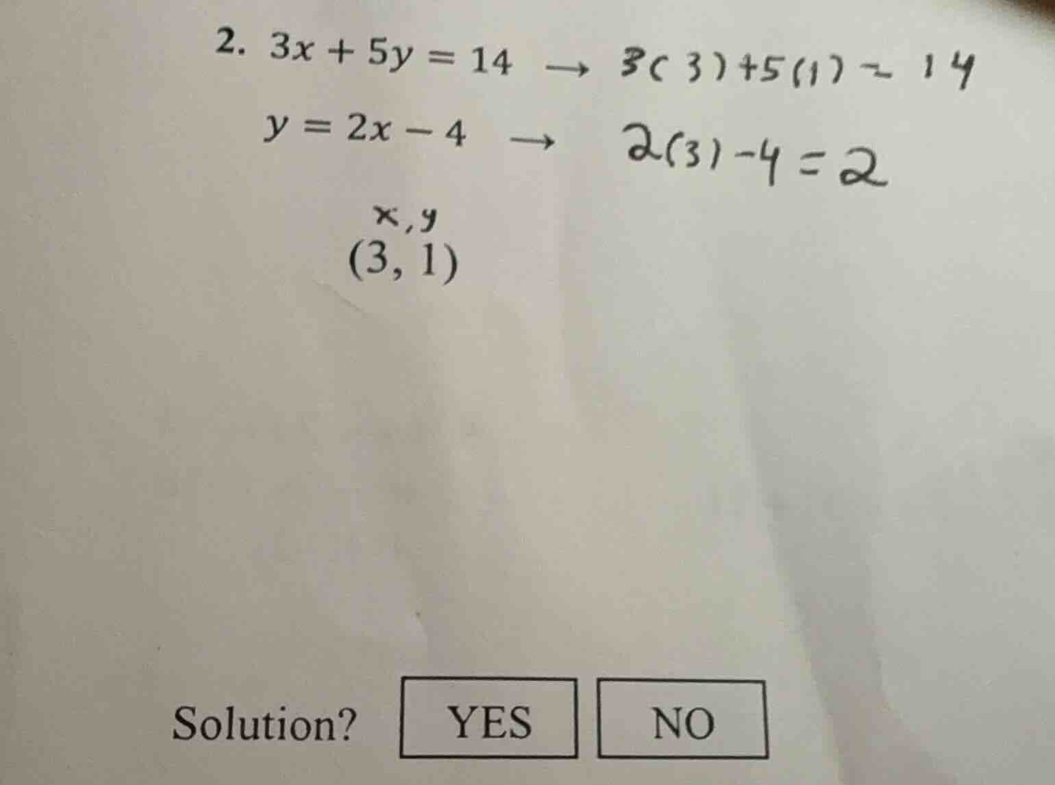 2. $3x + 5y = 14$ → $3(3)+5(1)=14$ $y = 2x - 4$ → $2(3)-4=2$ $(3,1)$ so…