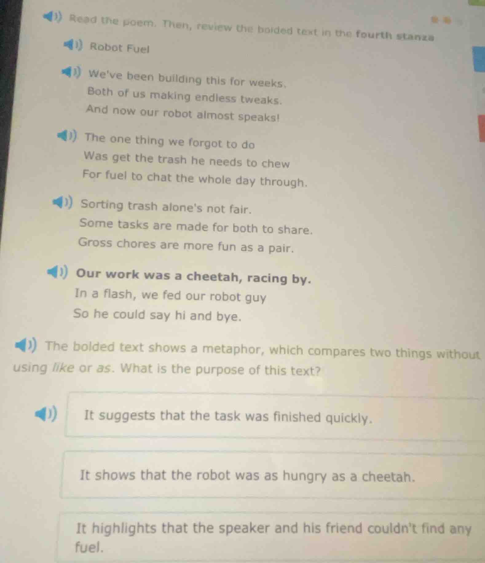 read the poem. then, review the bolded text in the fourth stanza robot …