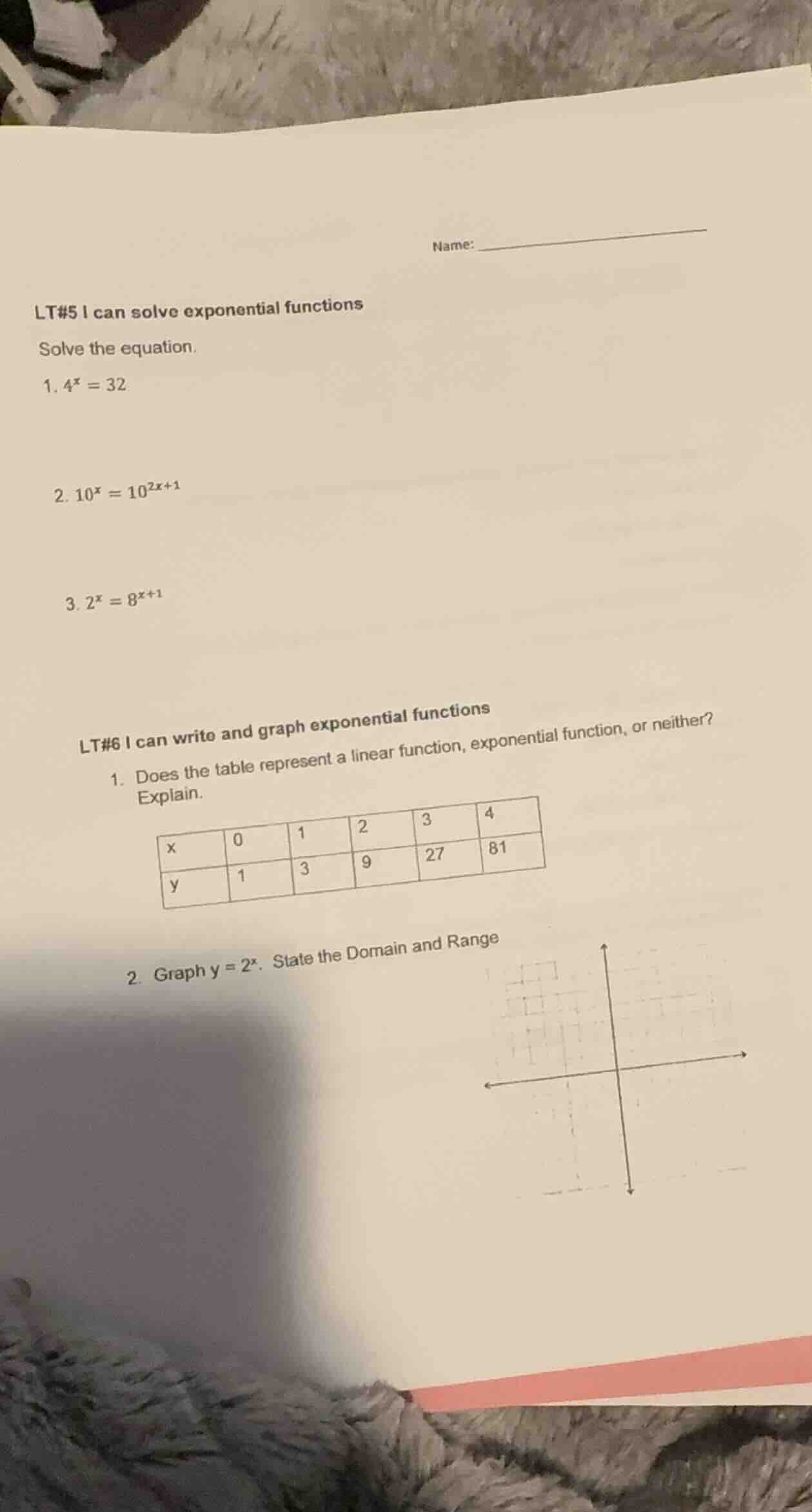 name: lt#5 i can solve exponential functions solve the equation. 1. $4^…