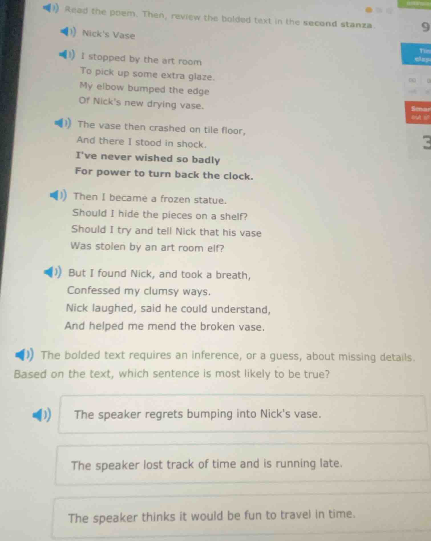 read the poem. then, review the bolded text in the second stanza. nicks…