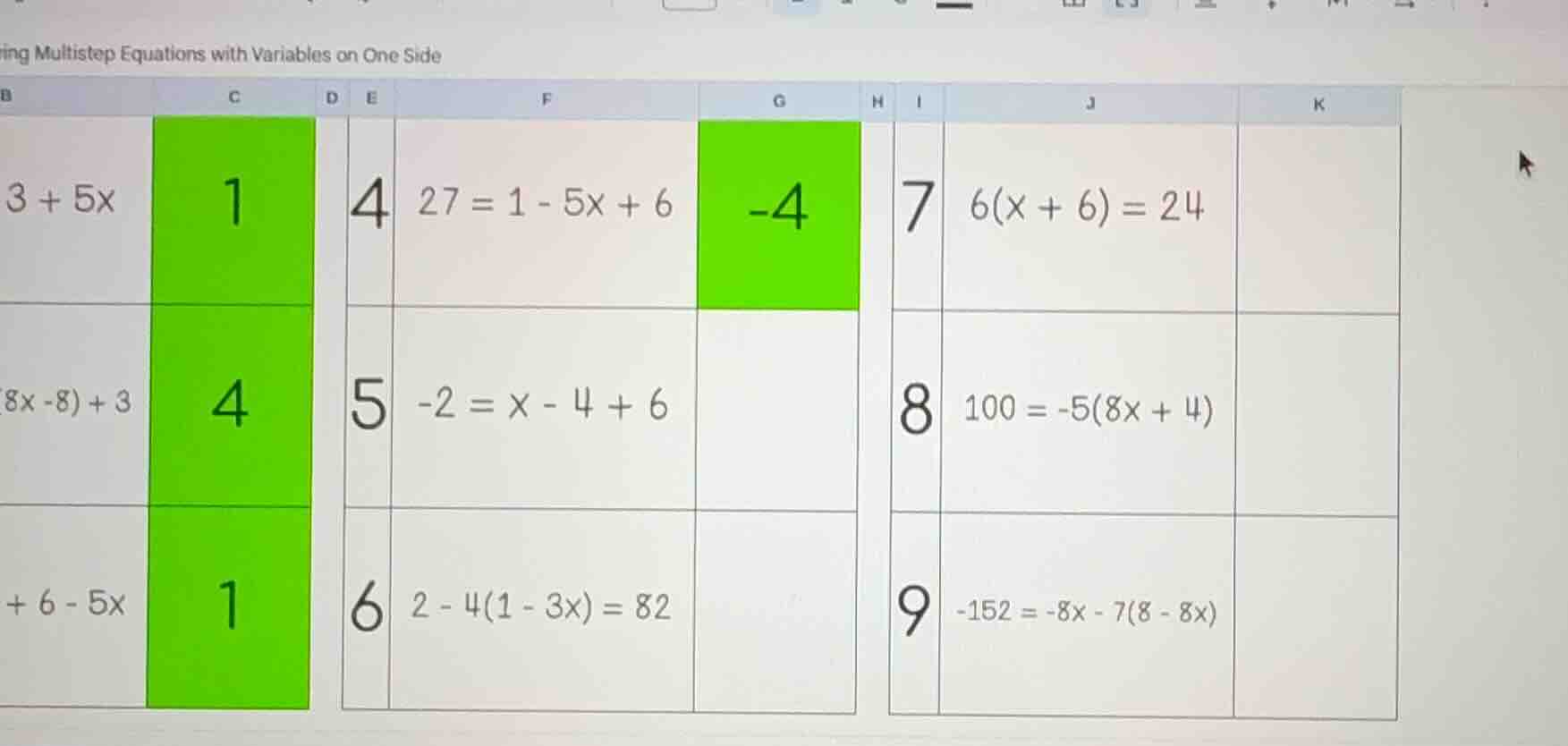 ving multistep equations with variables on one side 3 + 5x (8x - 8) + 3…