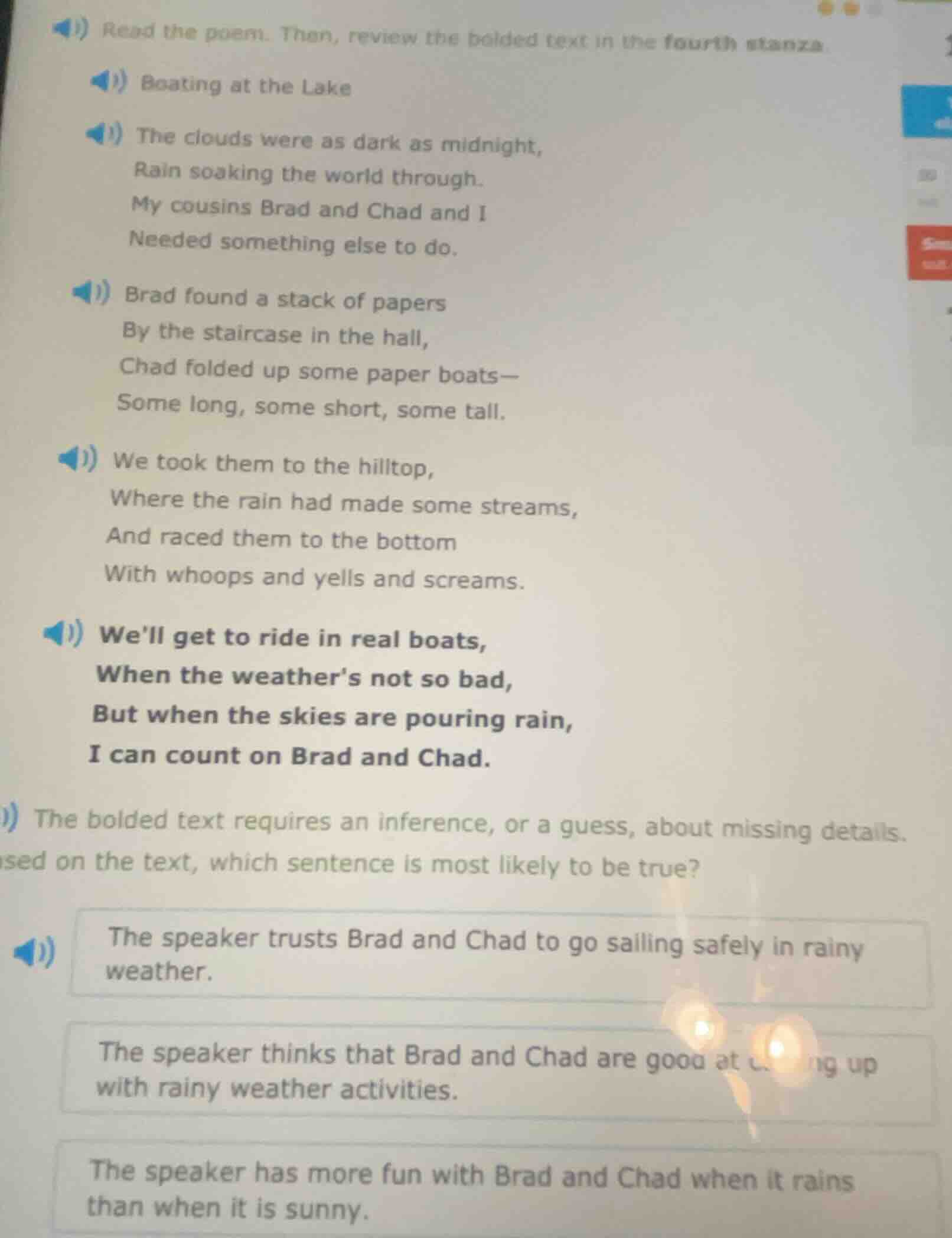 read the poem. then, review the bolded text in the fourth stanza. boati…