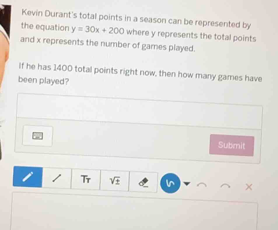 kevin durants total points in a season can be represented by the equati…