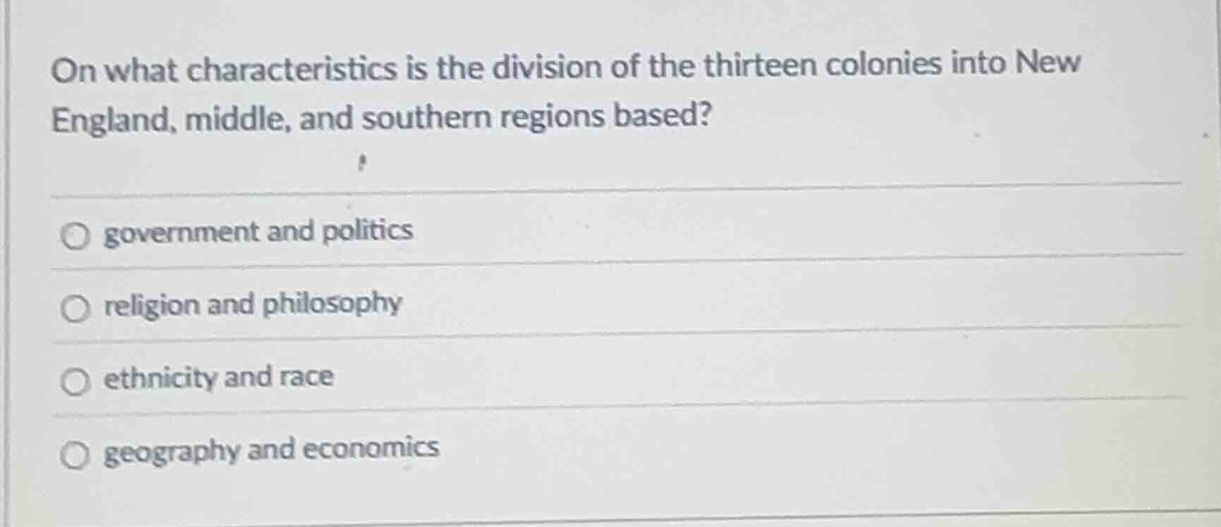 on what characteristics is the division of the thirteen colonies into n…