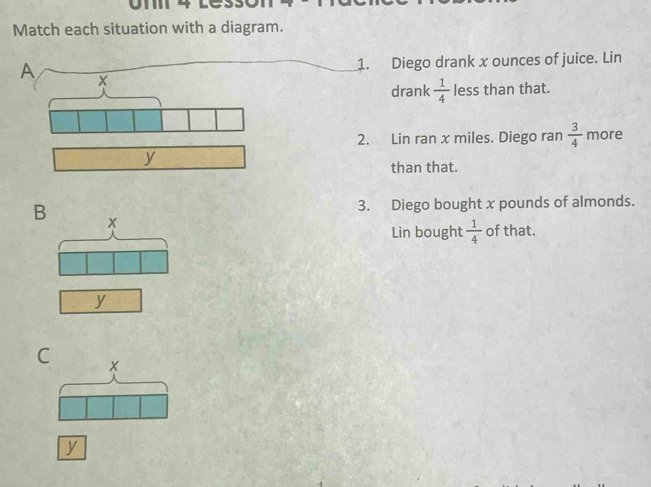 match each situation with a diagram. a x diagram of blue blocks and a y…
