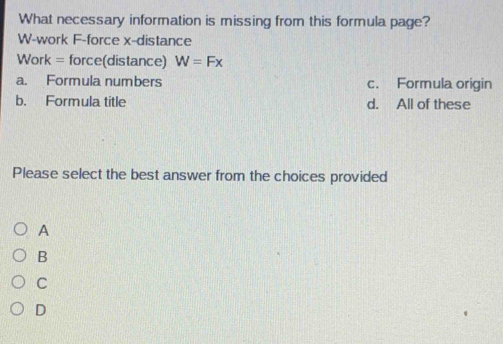 what necessary information is missing from this formula page? w - work …