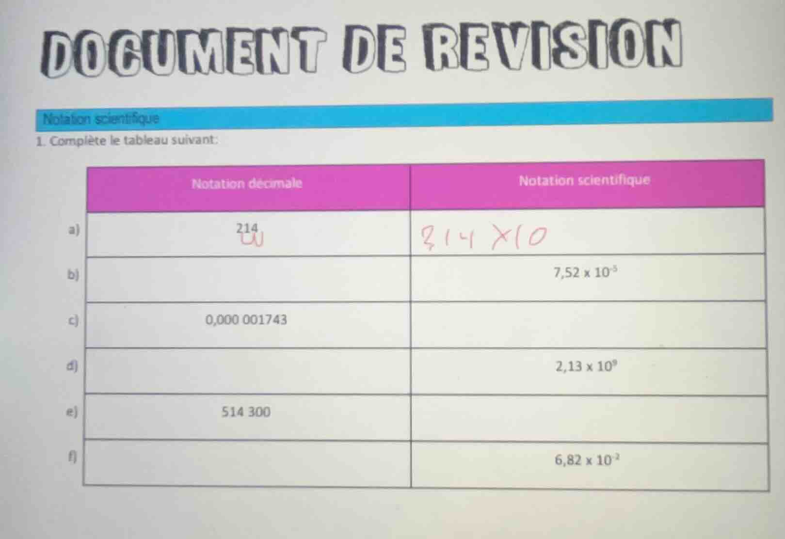 document de revision notation scientifique 1. complète le tableau suiva…
