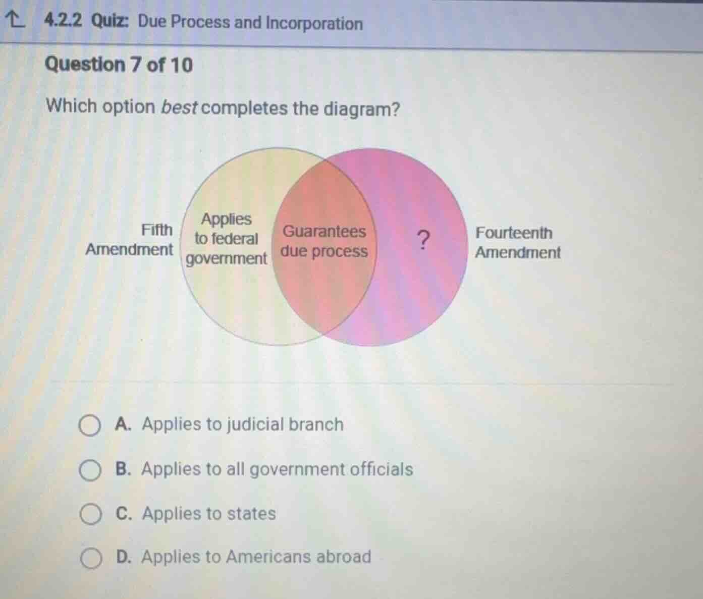 4.2.2 quiz: due process and incorporation question 7 of 10 which option…