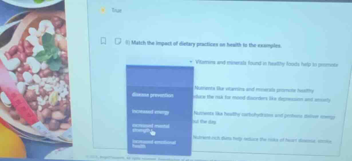 8) match the impact of dietary practices on health to the examples. vit…