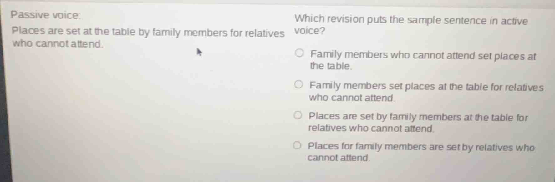 passive voice: places are set at the table by family members for relati…