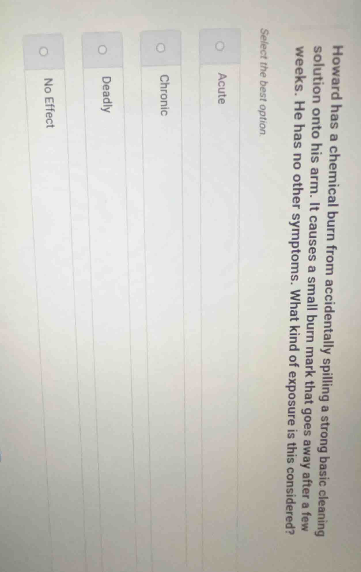 howard has a chemical burn from accidentally spilling a strong basic cl…