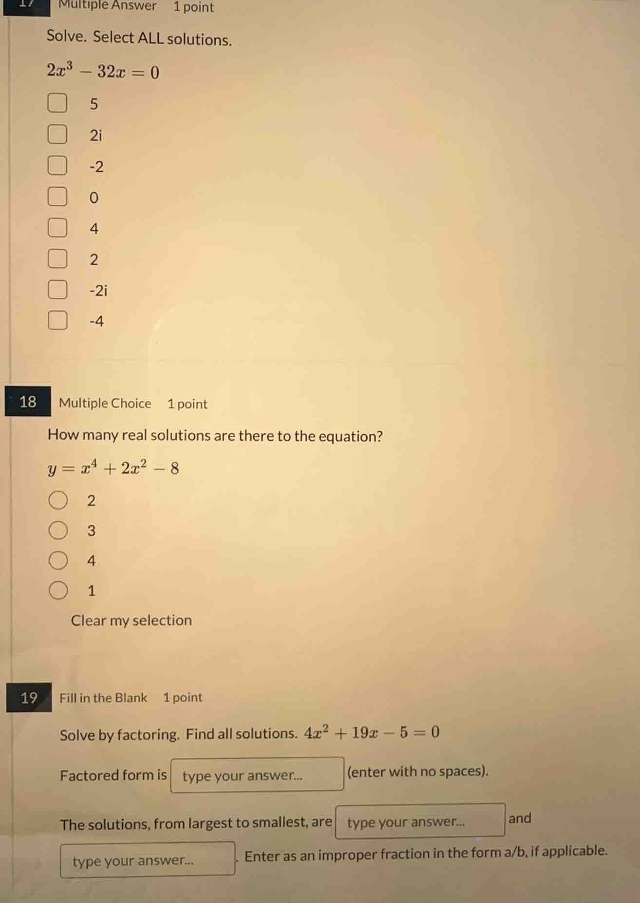 17 multiple answer 1 point solve. select all solutions. $2x^3 - 32x = 0…