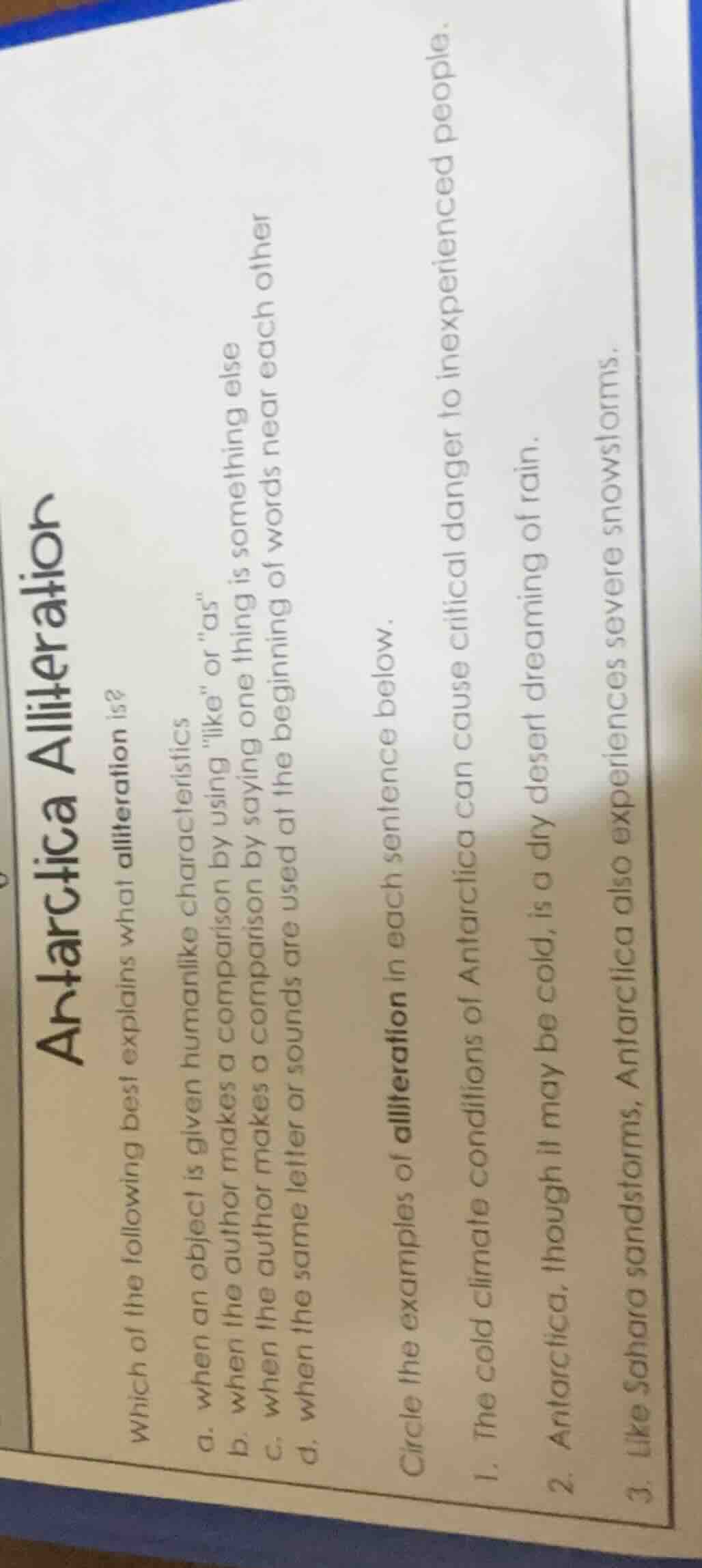 antarctica alliteration which of the following best explains what allit…