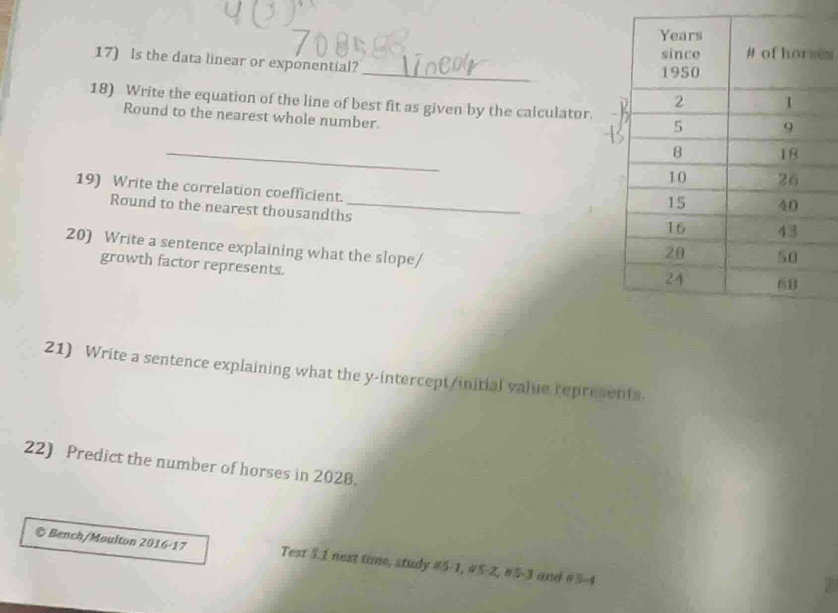 17) is the data linear or exponential? 18) write the equation of the li…