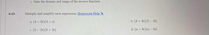 c. state the domain and range of the inverse function.\ 8 - 69.\ multip…