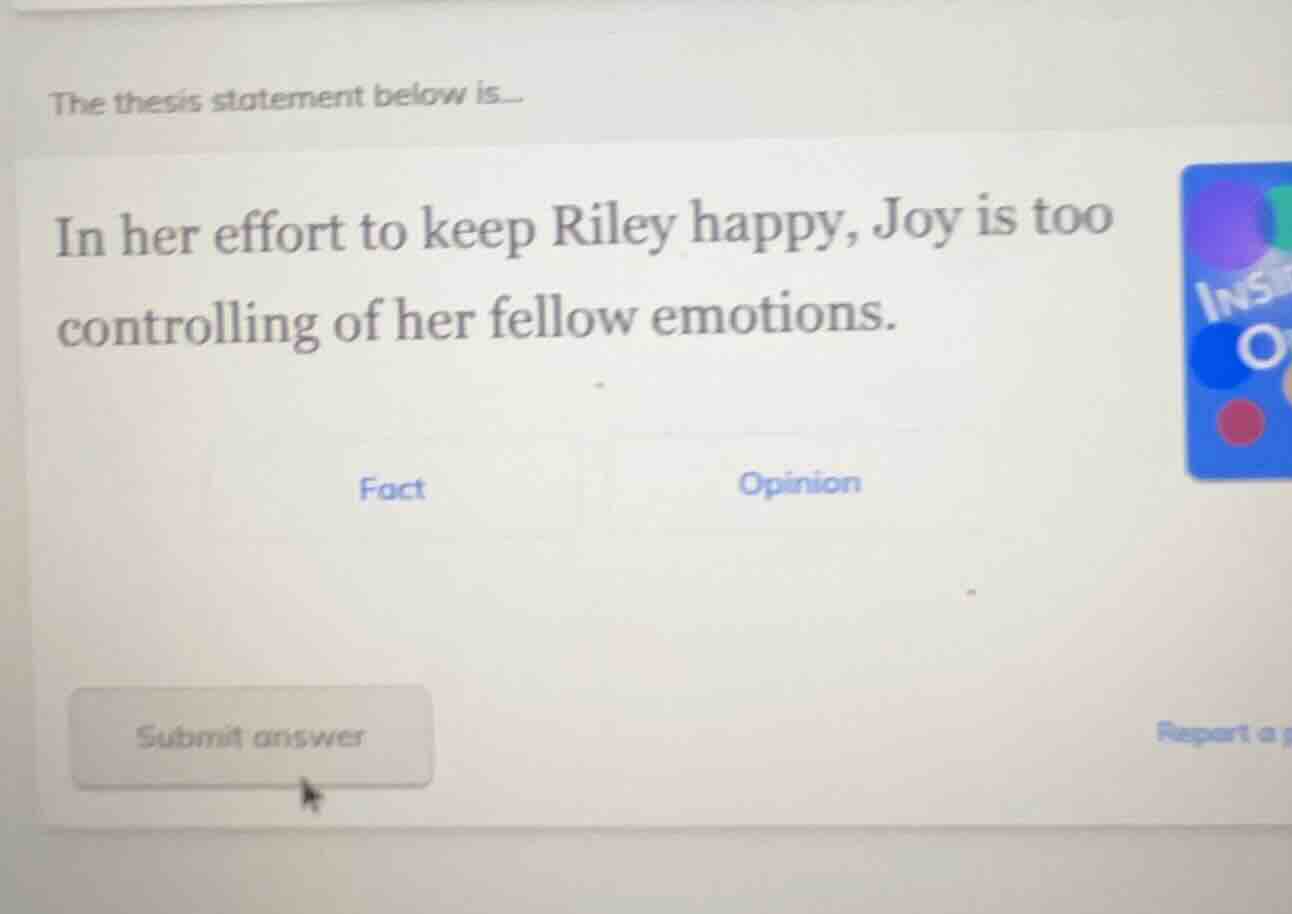 the thesis statement below is... in her effort to keep riley happy, joy…