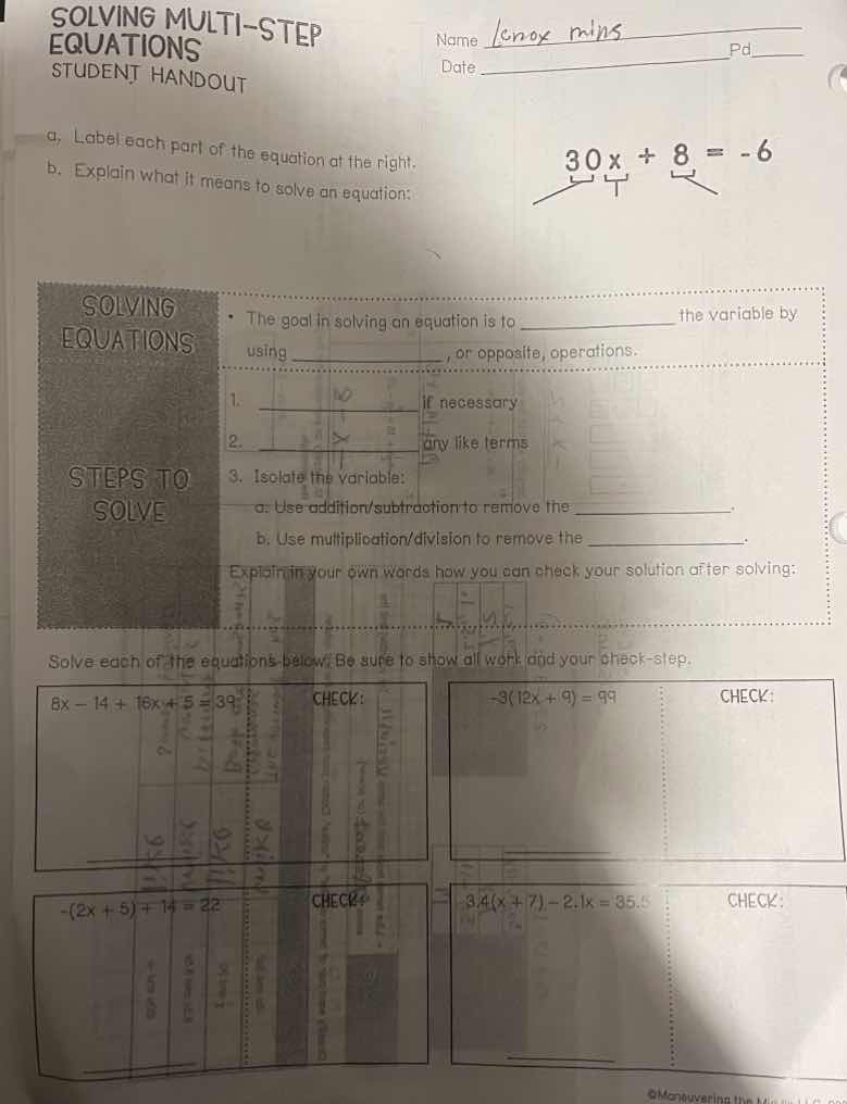 solving multi-step equations student handout name date pd a. label each…