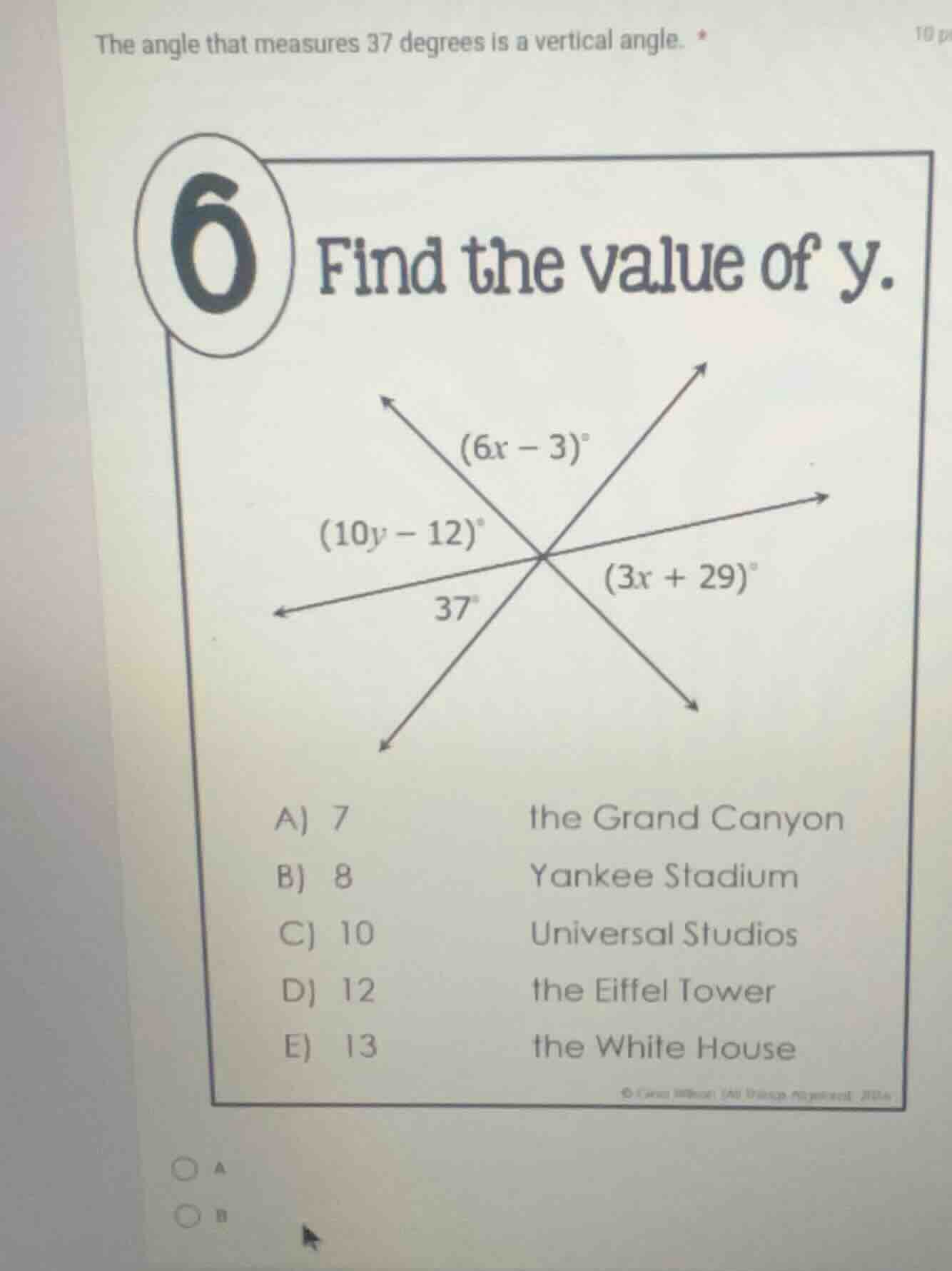 the angle that measures 37 degrees is a vertical angle. 6 find the valu…