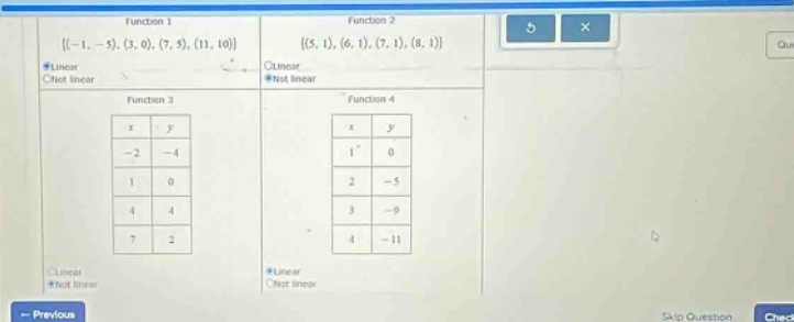 function 1\ {(-1, -5), (3, 0), (7, 5), (11, 10)}\ \\circ linear\ \\circ…