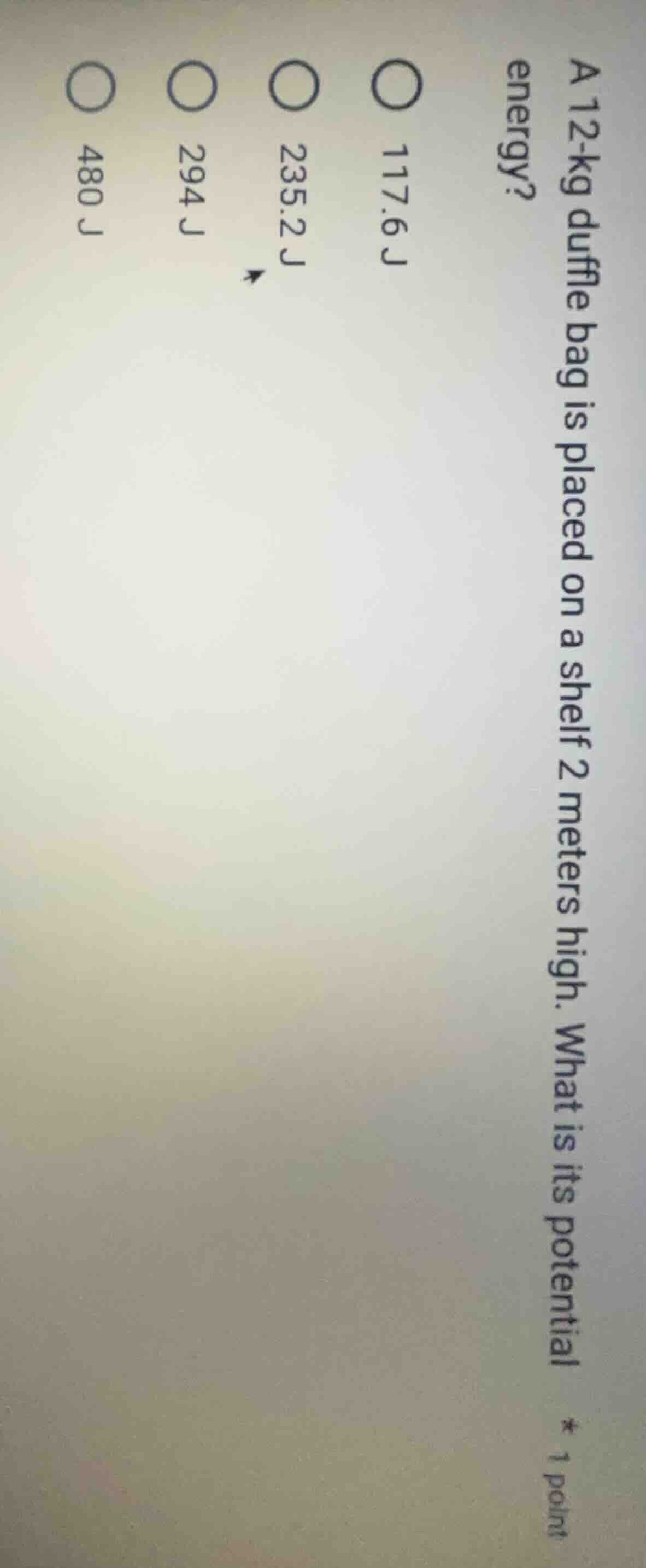 a 12-kg duffle bag is placed on a shelf 2 meters high. what is its pote…