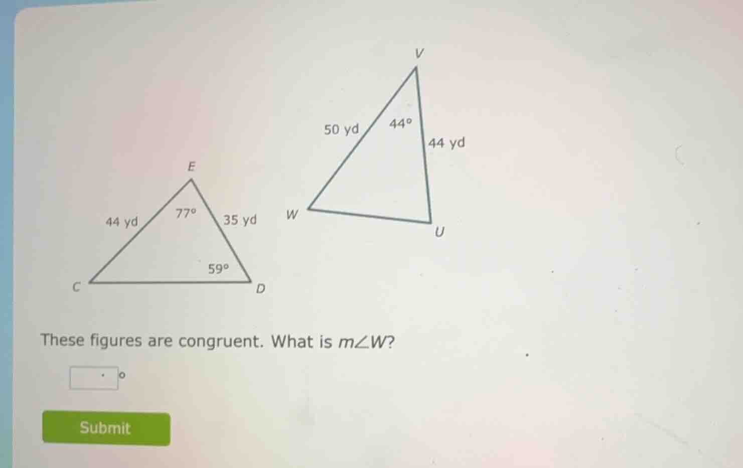 these figures are congruent. what is ( mangle w )?