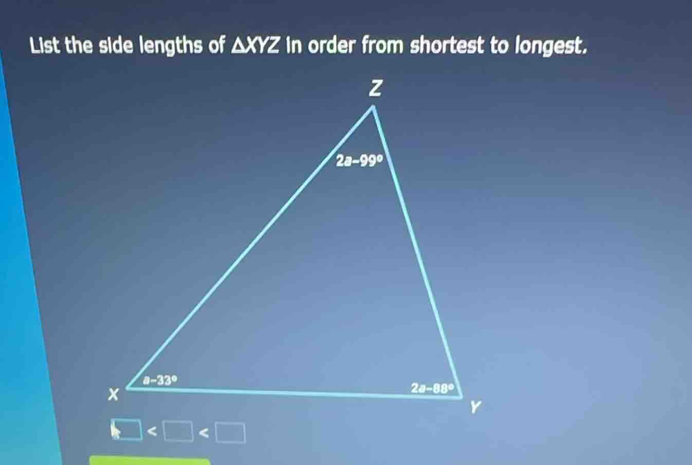 list the side lengths of $\\triangle xyz$ in order from shortest to lon…