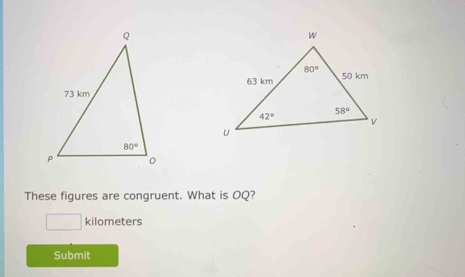 these figures are congruent. what is oq? kilometers submit