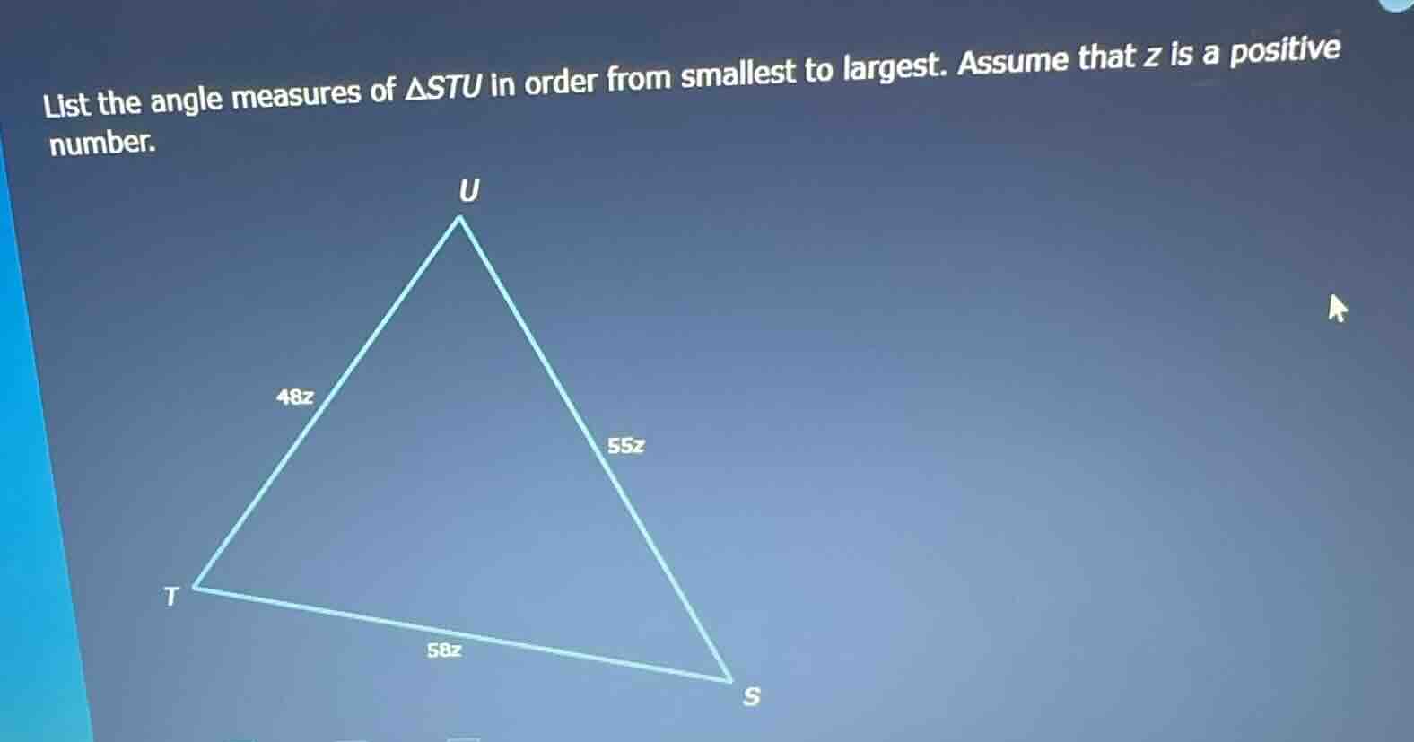 list the angle measures of δstu in order from smallest to largest. assu…