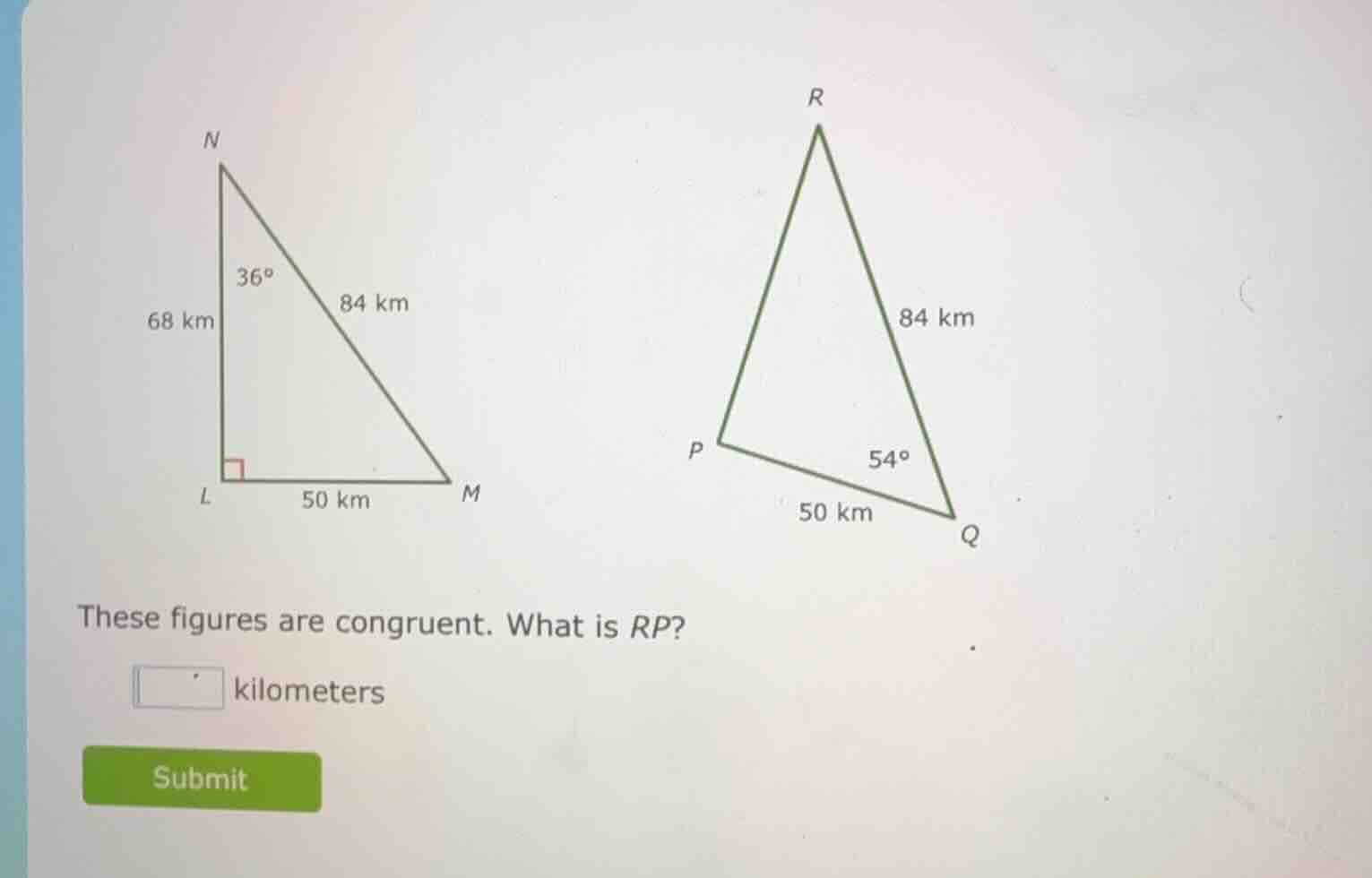 these figures are congruent. what is rp? kilometers