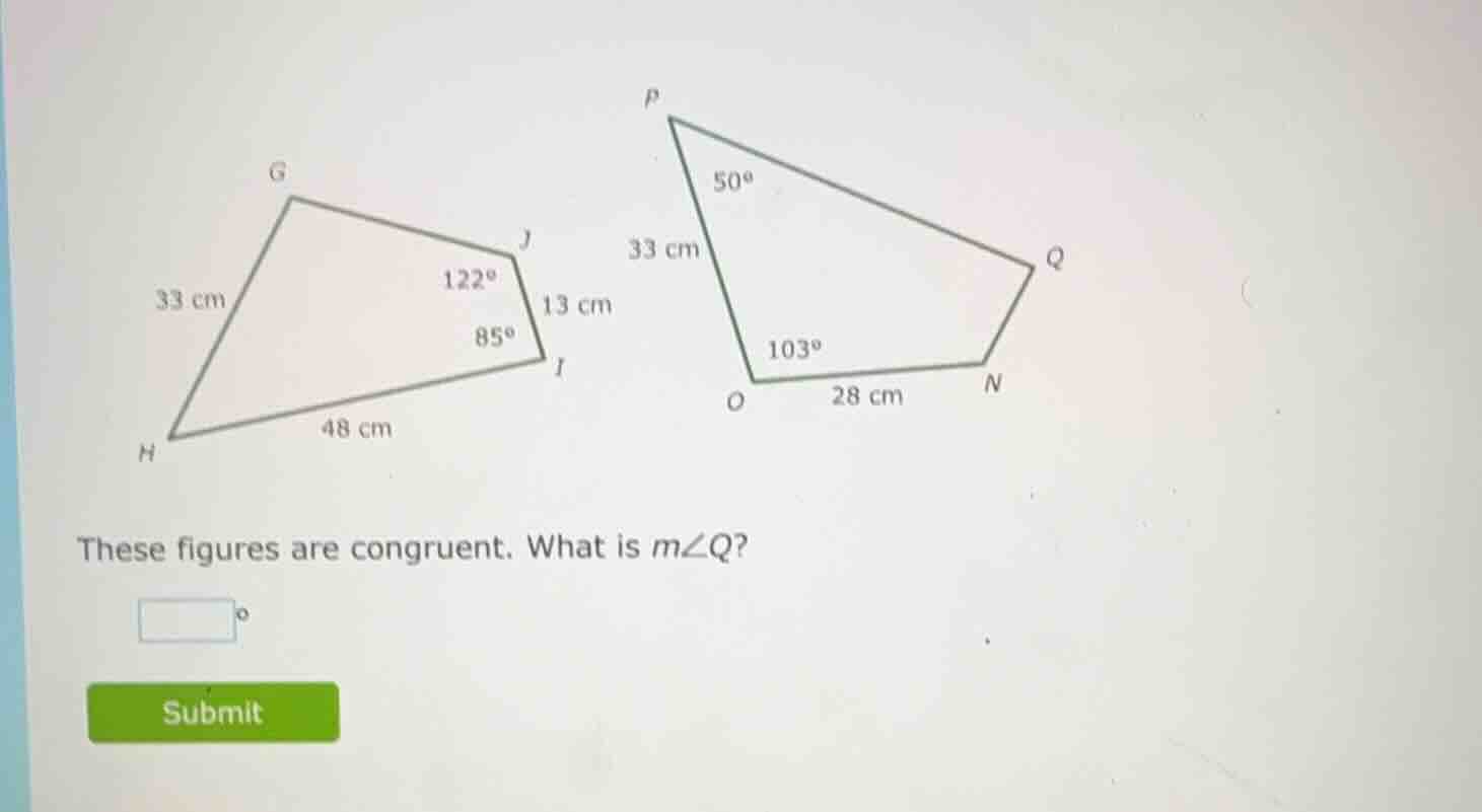 these figures are congruent. what is ( mangle q )?