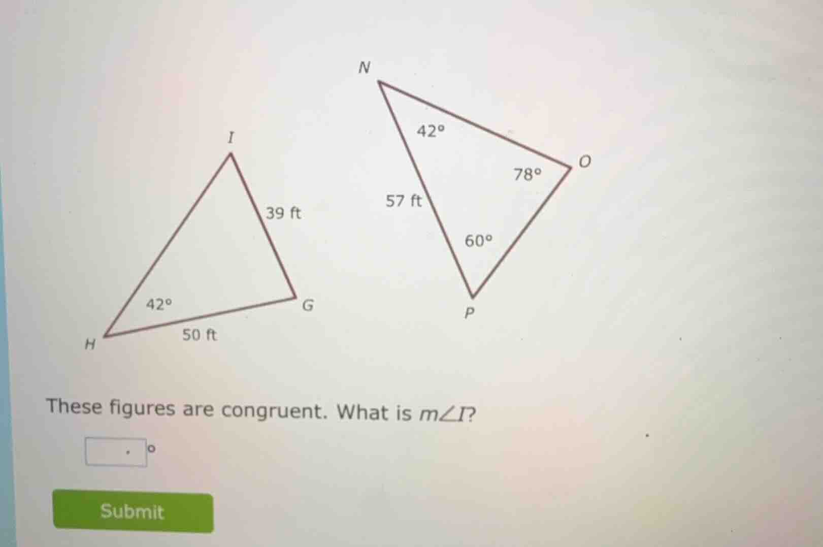 these figures are congruent. what is ( mangle i )?