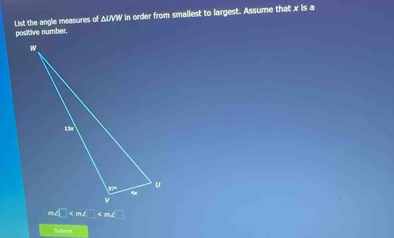 list the angle measures of $\\triangle uvw$ in order from smallest to l…