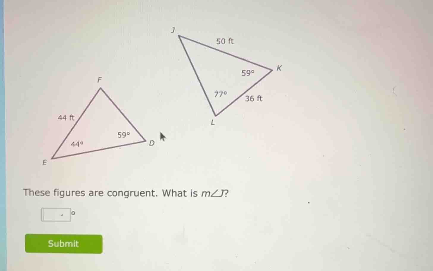 these figures are congruent. what is ( mangle j )?