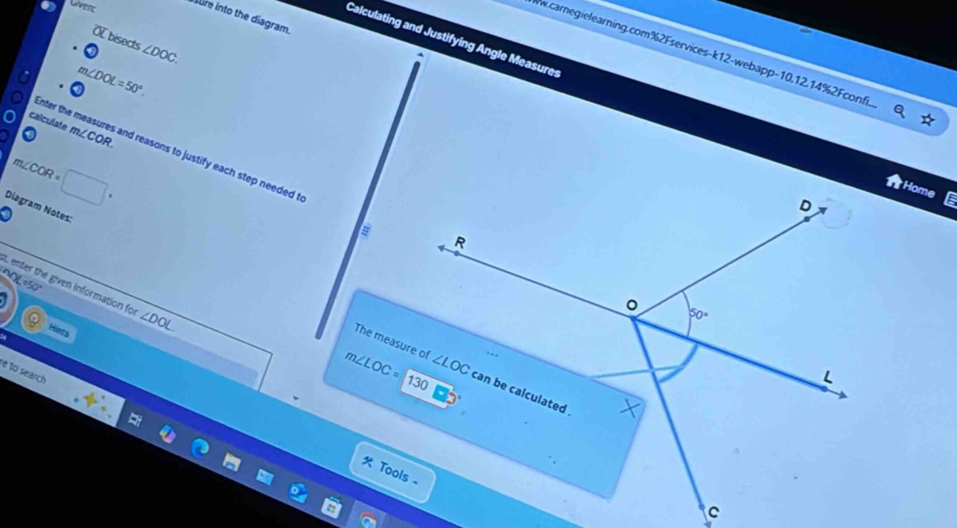 given: (overline{ol}) bisects (angle doc). (mangle dol = 50^circ). ente…