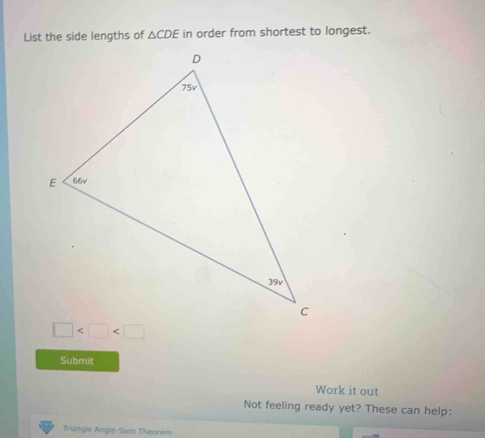 list the side lengths of $\\triangle cde$ in order from shortest to lon…