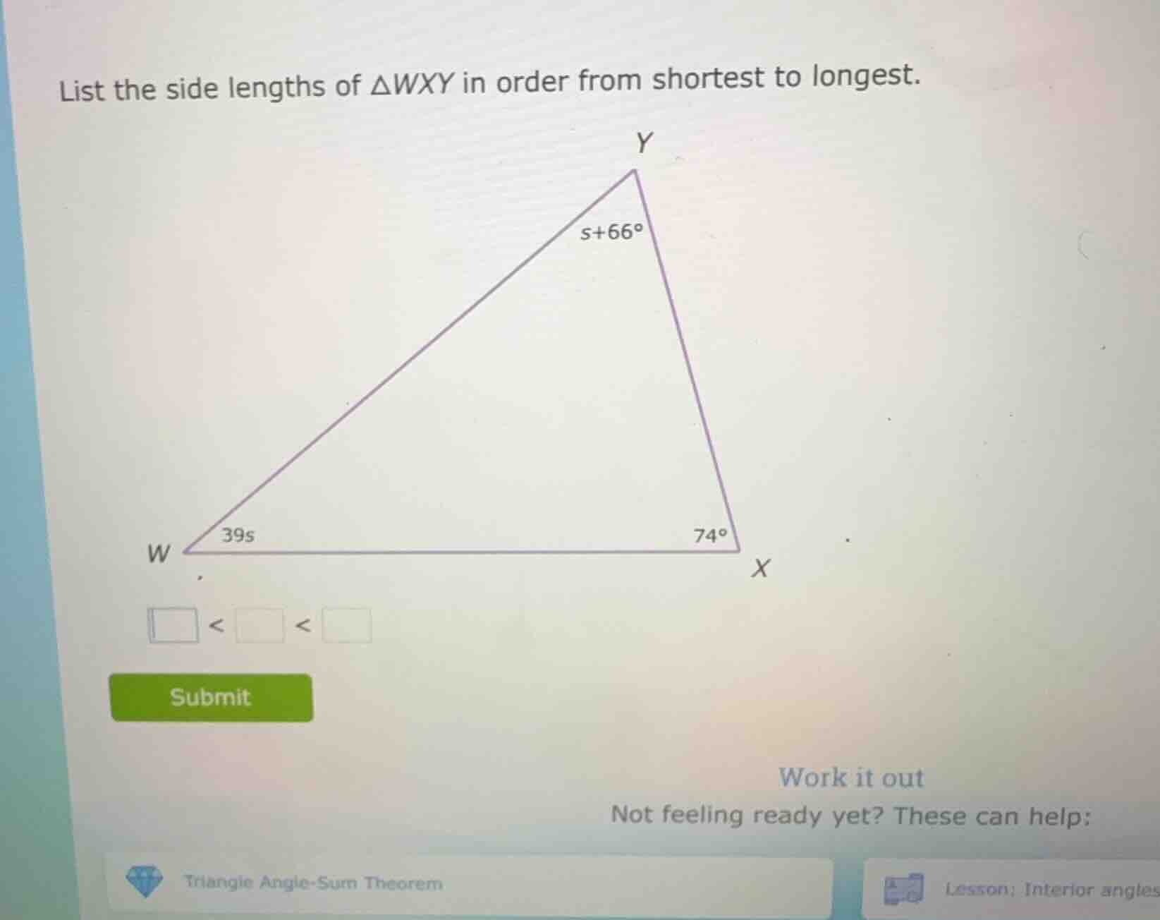 list the side lengths of $\\triangle wxy$ in order from shortest to lon…