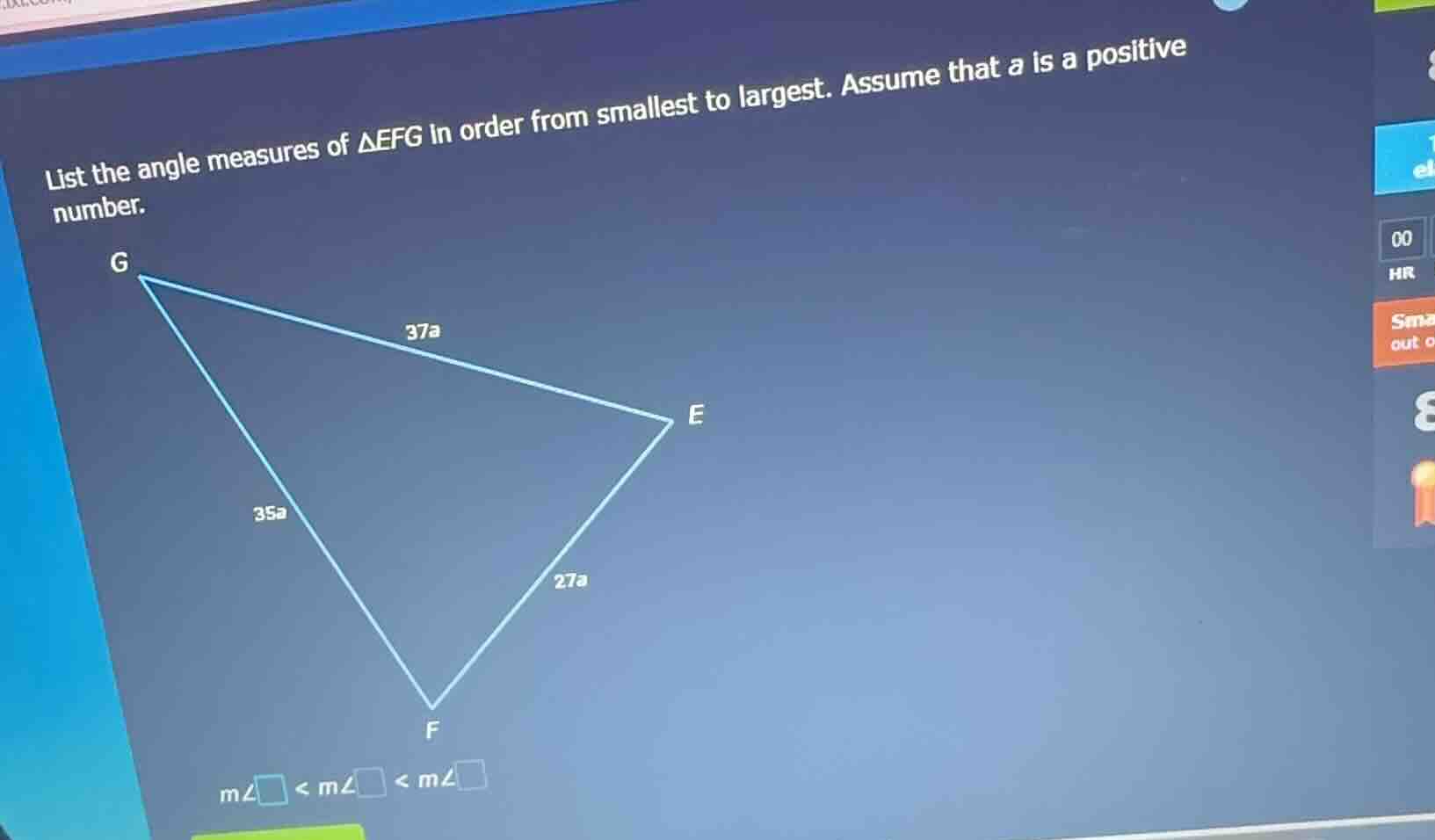 list the angle measures of $\\triangle efg$ in order from smallest to l…